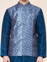 Peacock Blue Pure Silk Readymade Kurta Pajama With Jacket